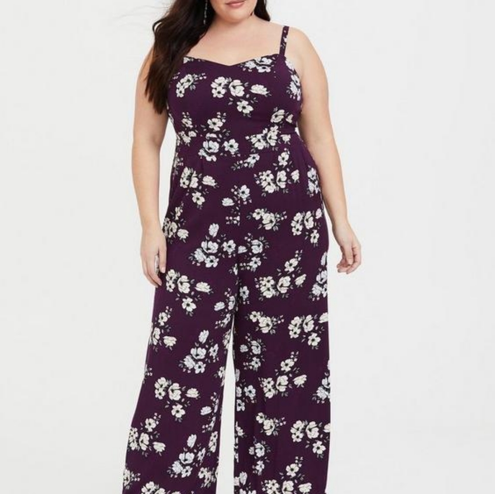 Purple Floral Wide Leg Challis Jumpsuit